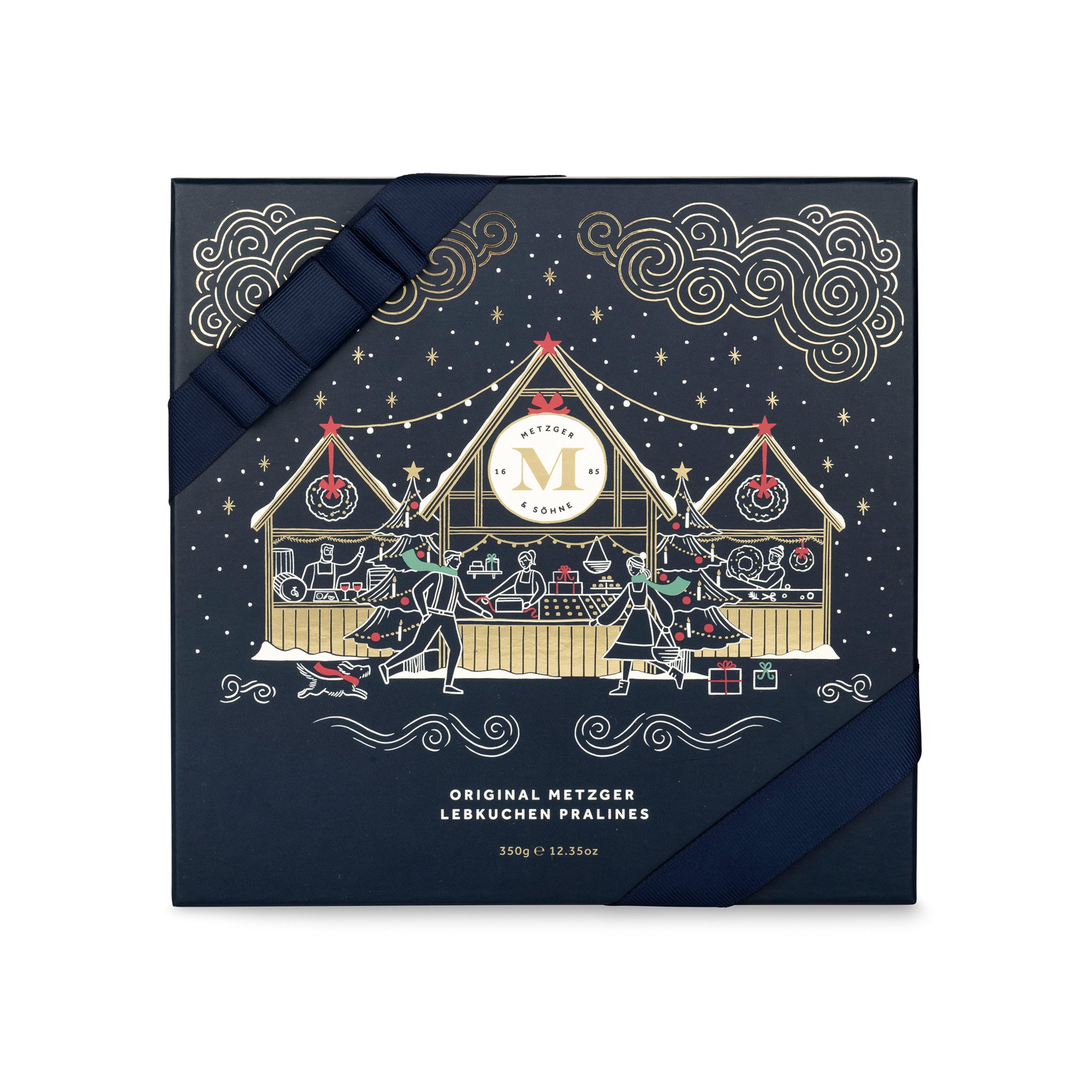 This exclusive Christmas Lebkuchen chocolate box in blue impresses with its high-quality workmanship and the motif with gold foil print! It is filled with 25 exquisite and tastefully decorated gingerbread chocolates.