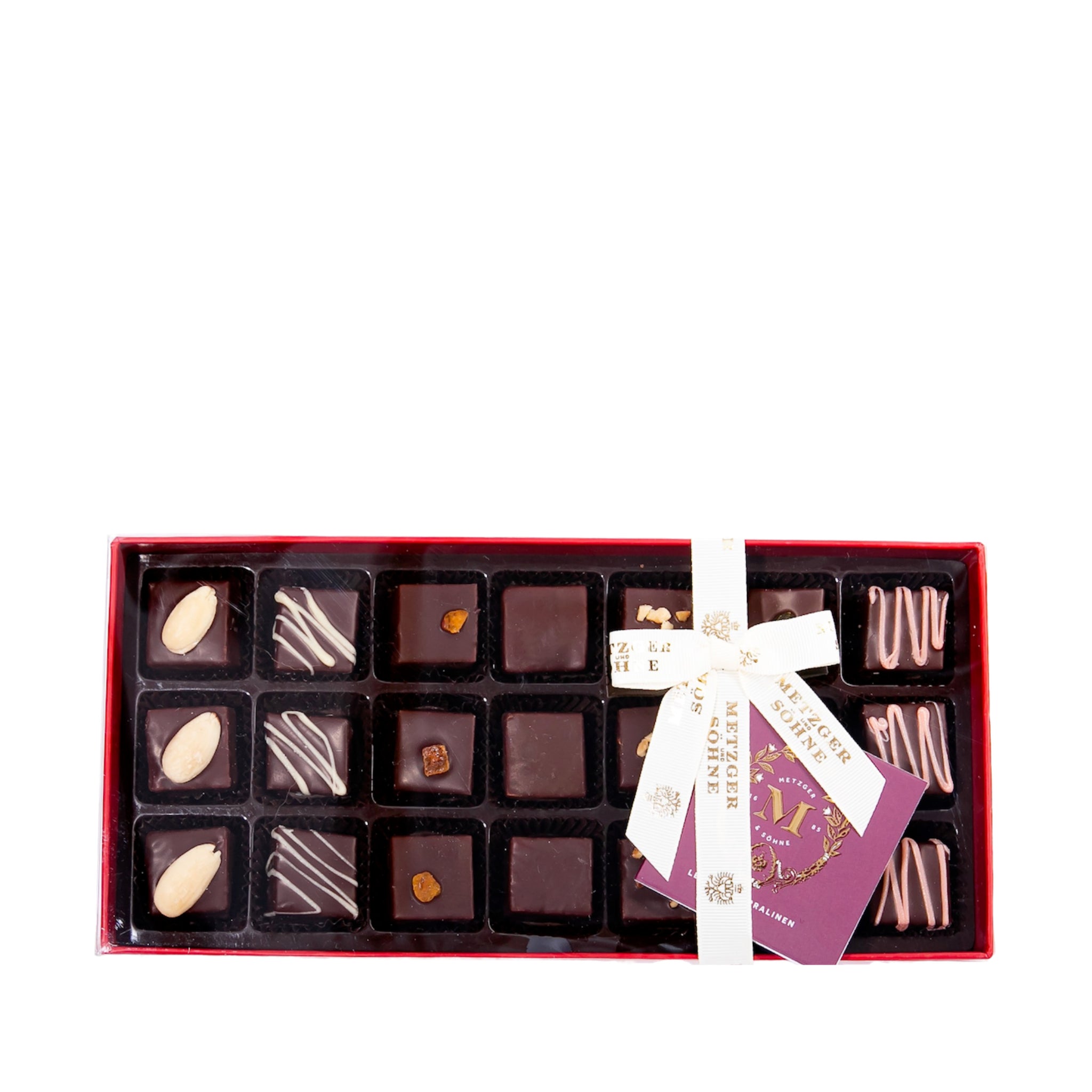 Lebkuchen Box of chocolates with clear lid, filled with 7 times 3 different gingerbread chocolates with a mesh.