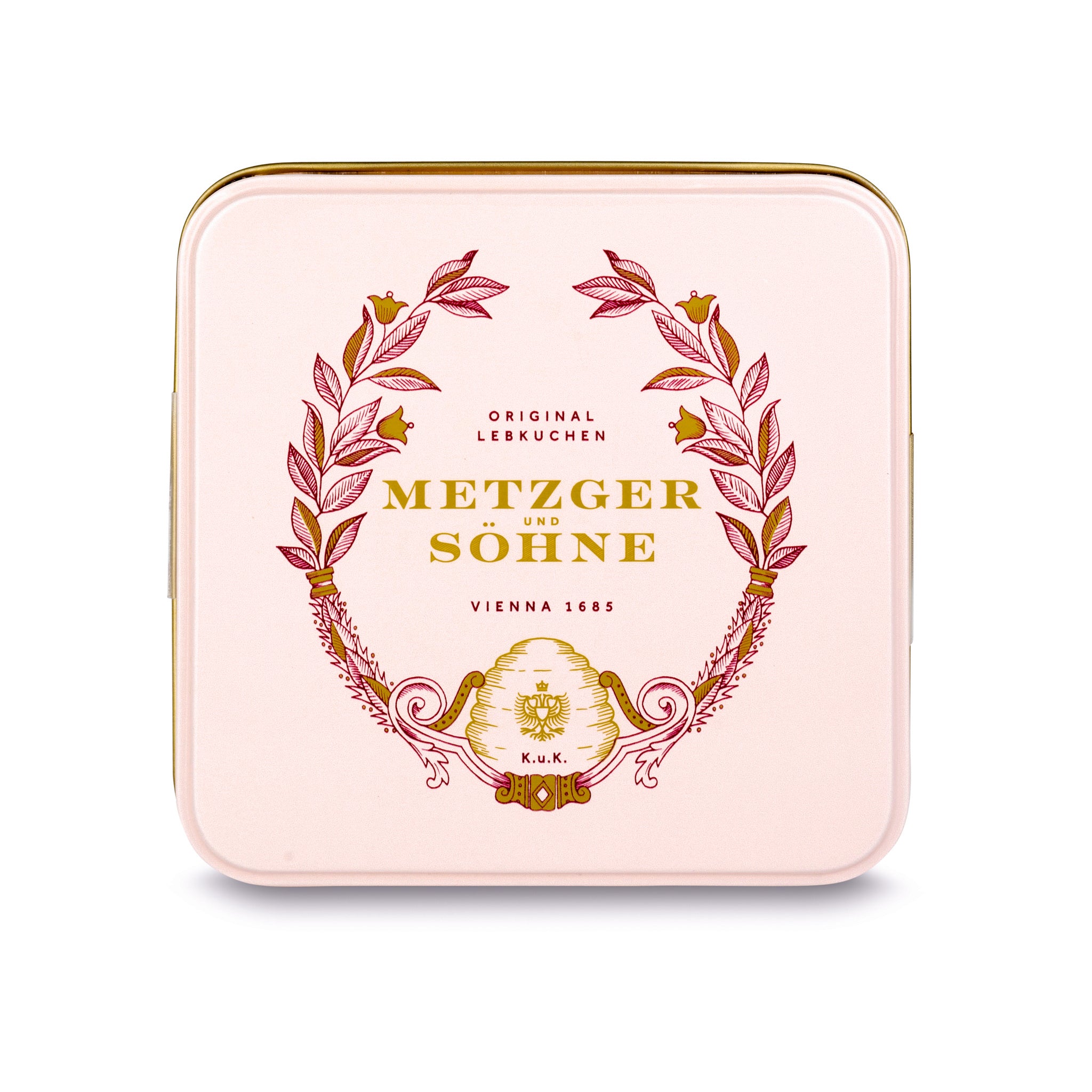 This small Metzger Lebkuchen -tin in pink impresses with a very high quality print and is filled with 9 different gingerbread chocolates.