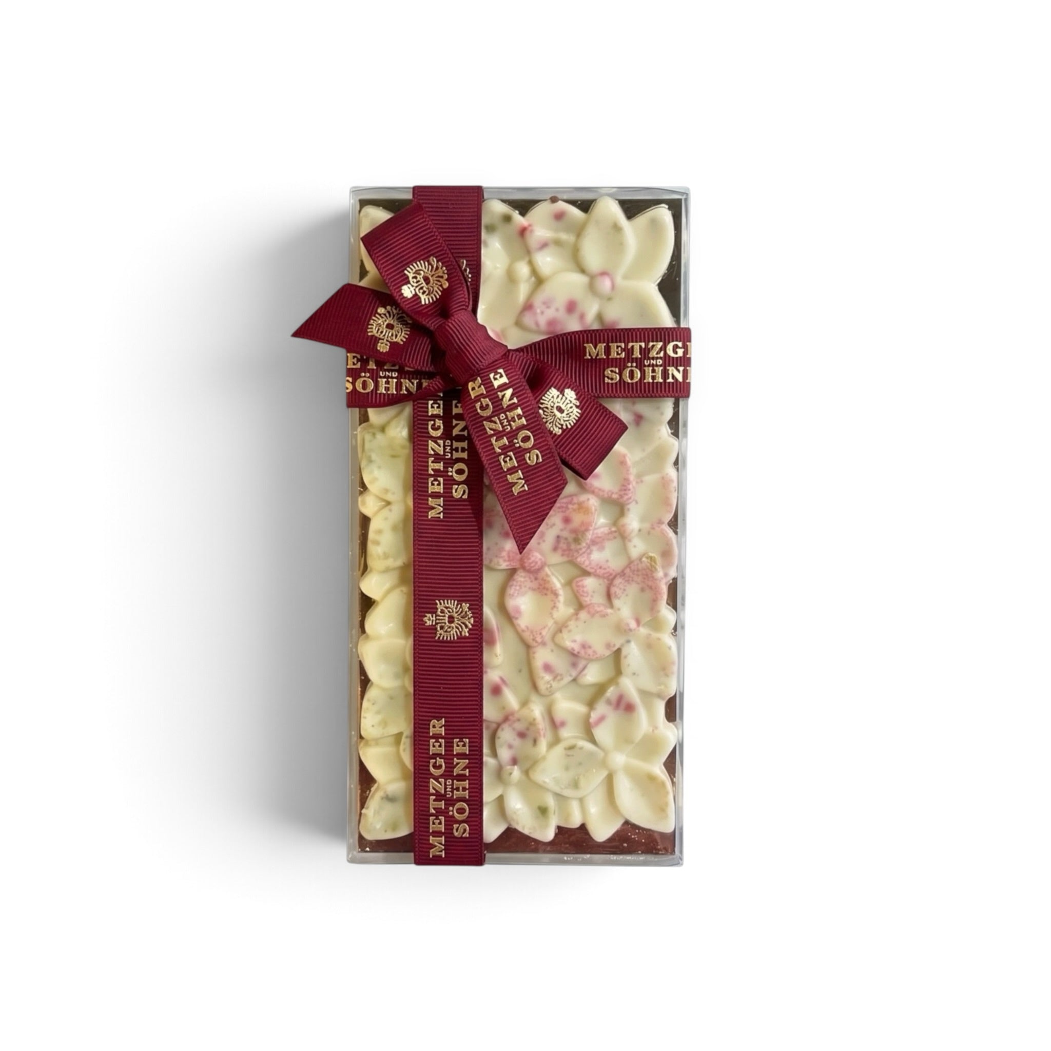 Weisse Schokolade Blumentafel mit Pistazien und Rosen