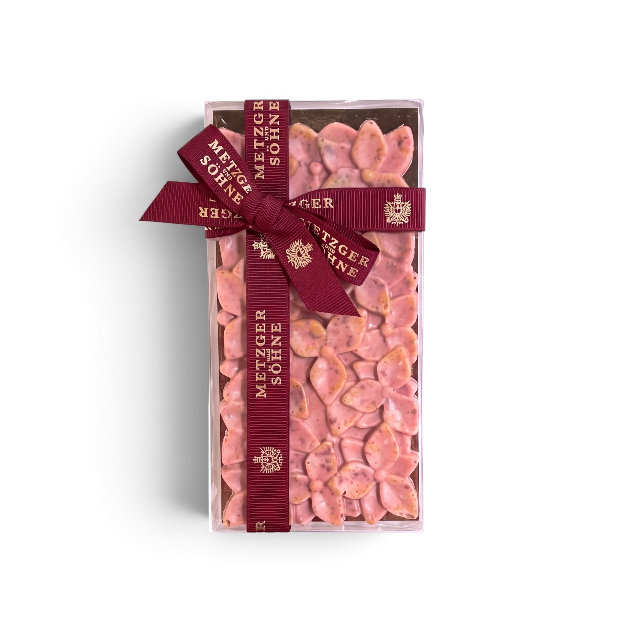 Himbeerschokolade-Blumentafel mit Pistazien und Rosen - AT Metzger & Söhne